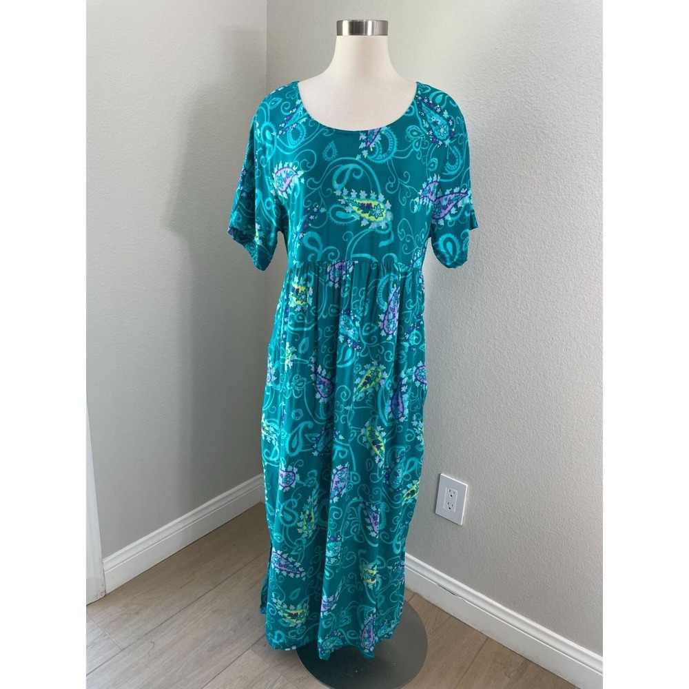 Diane Von Furstenberg Womens M/L Teal Paisley Maxi Dress Short Sleeve